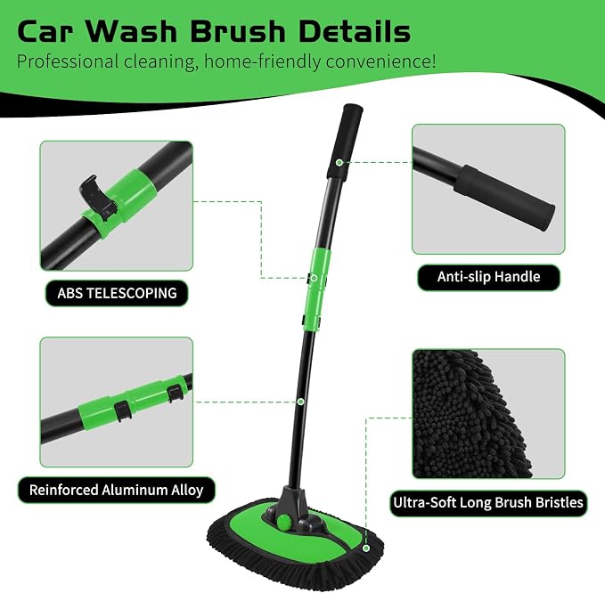 Ordenado 15°Curved Car Wash Brush with Long Handle, 43" Car Cleaning Brush with Extension Pole, Microfiber RV Wash Mop Scratch-Free, Exterior Washer Mop for Washing Roof Truck Camper SUV Caravan Green