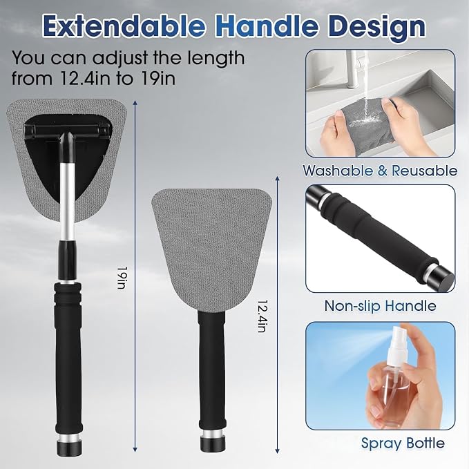 Gray Windshield Cleaner Tool, Car Interior Cleaning Kit with Extendable Handle and 3 Reusable Microfiber Pads, Auto Glass Wiper and Detailing Brush Kit for Car & Home Window