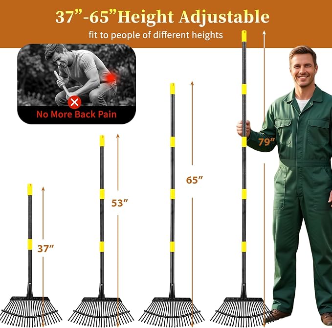 Rake, Gardening Rakes for Leaves Lawns Heavy Duty, 79 in Leaf Rake with 25 Clog-Free Tines, 18.5” Wide Large Head, Metal Garden Tools for Yard Quick Cleanup Garss, Debris, Detachable for Camping
