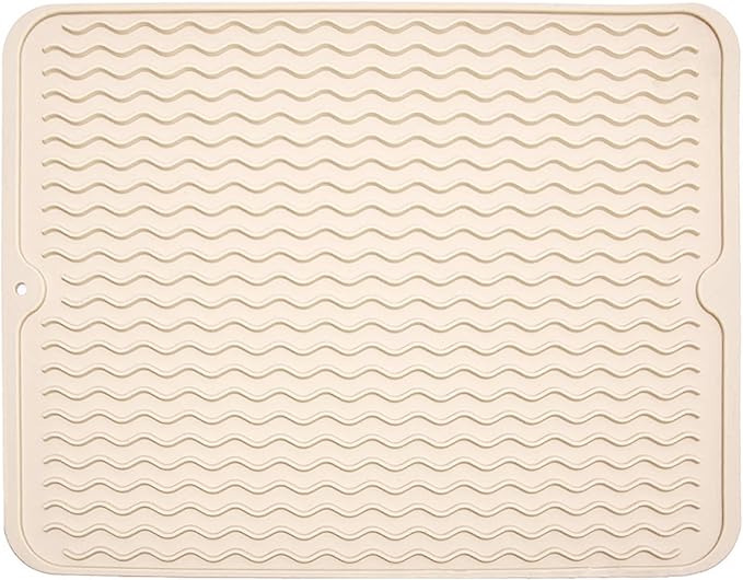 Large 17" x 14" Silicone Dish Drying Mat for Kitchen Counter, Easy clean, Quick Dry, Heat-resistant Dish Drainer Mat for Sink,Refrigerator or Drawer liner (Food Grade Silicone-Beige)