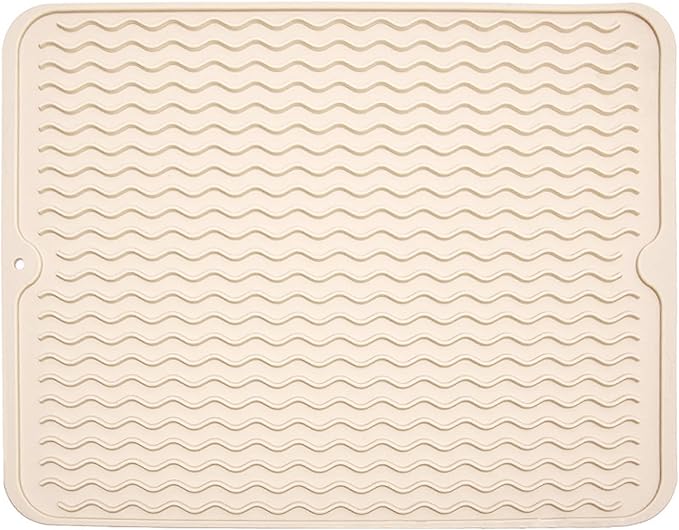 Silicone Dish Drying Mat for Multiple Usage, Easy clean, Eco-friendly, Heat-resistant Dish Drainer Mat for Kitchen Counter,Sink,Refrigerator or Drawer liner (16" x 12", BEIGE)