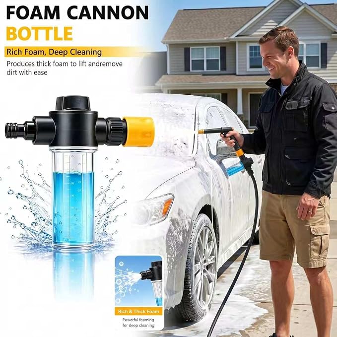 High Pressure Hose Nozzle with 4 Spray Modes, Adjustable Water Spray Gun, Metal Garden Hose Sprayer for Car Wash, Plant Watering, Patio & Outdoor Cleaning (Sprayer Kit with 3 Connectors & Foam Cannon)