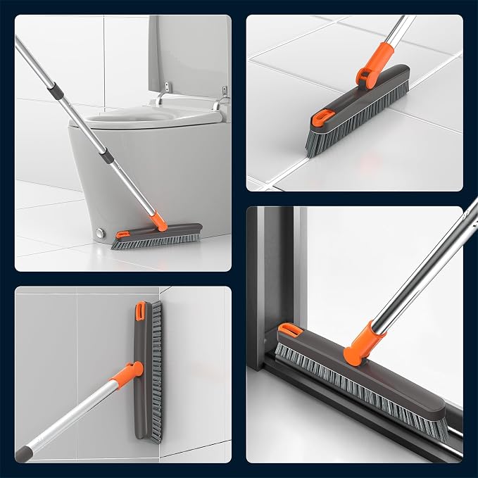 AIR U+ Grout Brush with Long Handle 180° Swivel Scrub Brush with Tweezers to Hair Clip V-Shape Grout Line Scrubber Stiff Bristles for Deep Cleaning Crevice, Tile Line, Shower, Kitchen, Corners