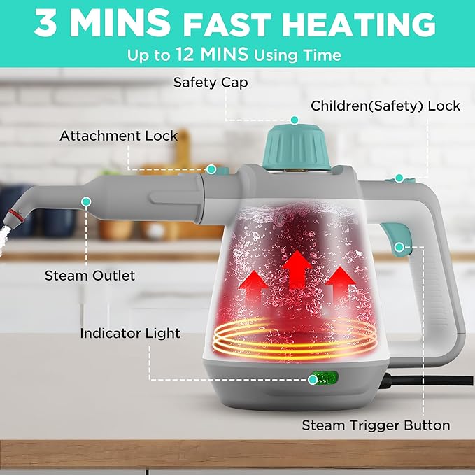HAUSHOF Handheld Steam Cleaner, 11 pcs Accessories | Tool Bag, Safety Lock, for Home, Cleaning Floor, Car, Upholstery, Grout and Grease