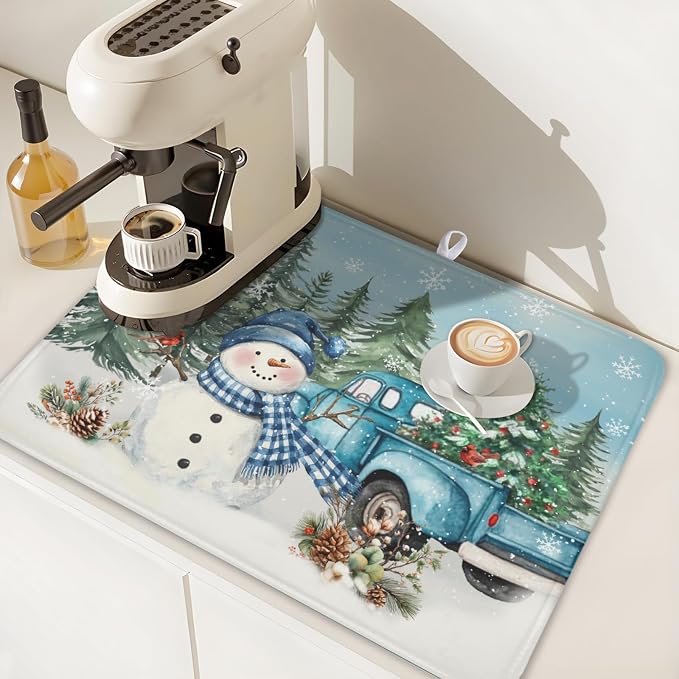 Giwawa Winter Snowman Blue Dish Drying Mat Xmas Truck Dishes Pad 18"x24" Microfiber Absorbent Drainer Rack Mats Protector for Kitchen Counter Sink