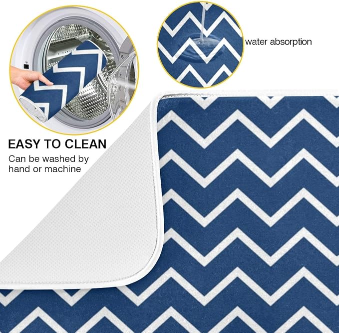 Nautical Navy Stripes Dish Drying Mat for Kitchen, Absorbent Microfiber Drying Pad Dish Mat, 16" X 18"
