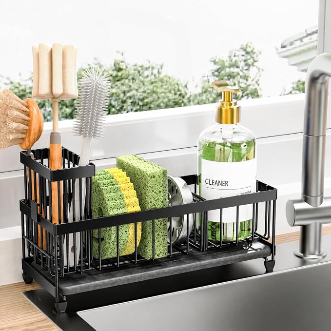 Cisily Sponge Holder for Kitchen Sink, Sink Caddy Organizer with High Brush Holder, Kitchen Countertop Organizers and Storage Essentials (Black Shelf with Stone Tray, Small)