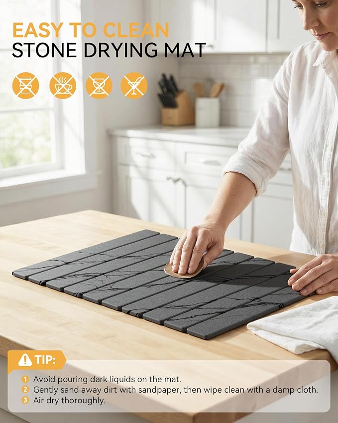 Yofidra Large Stone Dish Drying Mat for Kitchen Counter, Quick Dry Stone Mats with Absorbent Diatomaceous Earth, Foldable Roll Up Drying Organizer Pad for Utensils Plate, 24"×16", Dark Gray Marble