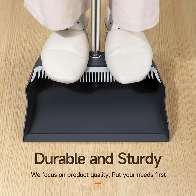 CTIME Broom and Dustpan Set, Adjustable with Dust Pan Teeth | 52" Long Handle Standing Dustpan Set , Extra Brush Head for Home Kitchen Office Lobby