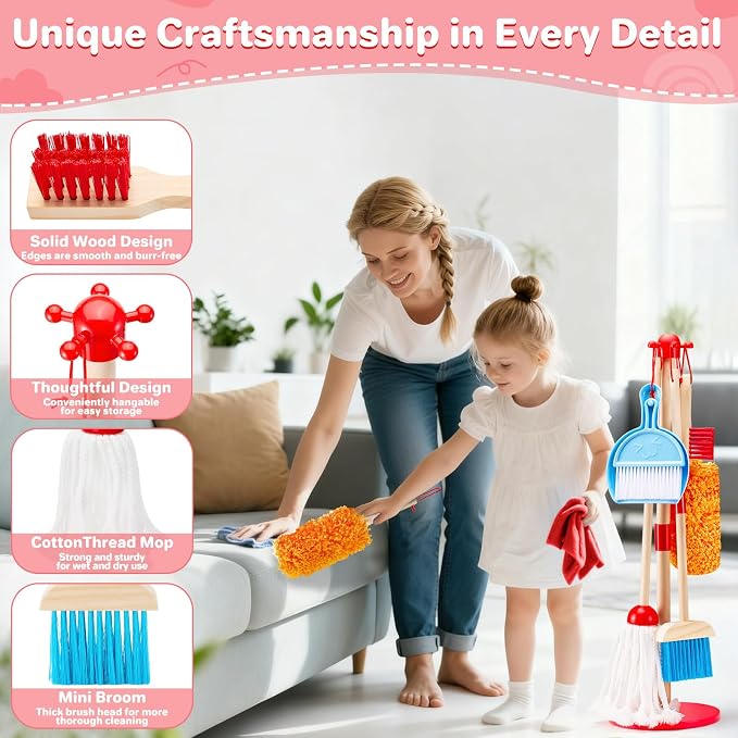 WHOHOLL Wooden Kids Cleaning Toy Set Toddler Broom and Dustpan Set for Housekeeping 9 Pcs Broom and Mop Set for Toddlers 3-6, Cleaning Toys with Sponge, Christmas Birthday Gifts for Boys Girls