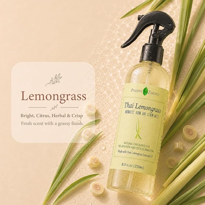 Thai Lemongrass Linen and Room Spray, Natural Air Freshener Made with Pure Lemongrass Essential Oil, Bathroom Air Freshener or Calming Pillow Spray (8.5 fl oz)