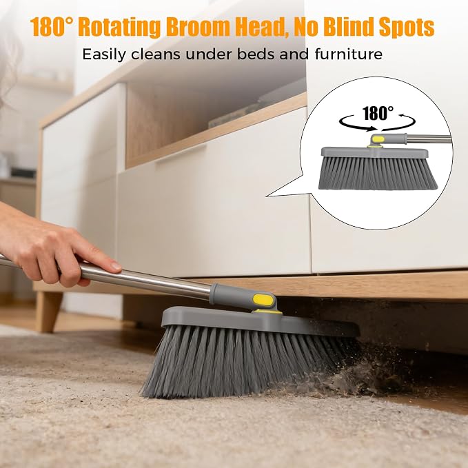Broom and Dustpan Set, 61-Inch Adjustable Handle, Standing Dustpan | 180° rotating head reaches under furniture; comb teeth remove pet hair and dust for easy indoor and outdoor floor cleaning.