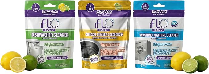 iFLO Appliance Pod Cleaners Bundle - Washing Machine, Dishwasher & Garbage Disposal Deep Cleaning Pods and Tablets for Odor & Buildup Control (Pack of 3)