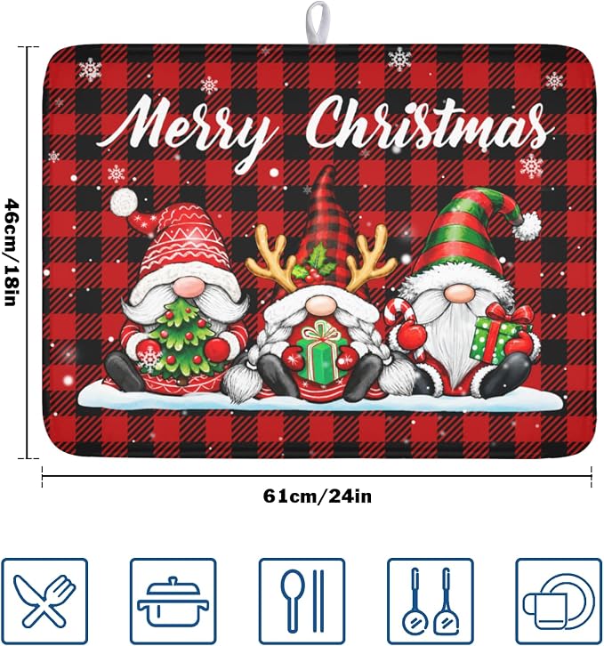 Merry Christmas Dish Drying Mat 18x24 Inch Xmas Santa Claus Winter | Polyester，Absorbent Microfiber，for Kitchen Coffee Dining Bar Decor