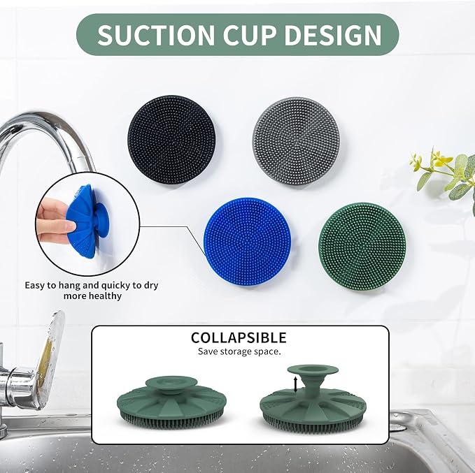 Silicone Dish Scrubber, Non-Scratch Scrub Spong for Washing Dish, Pot, Pan | Kitchen Silicone Sponge, Fruit & Vegetable Cleaning Brush, Reusable Dishwashing Scrubber, Suction Up Hang Designed, 3 Pack