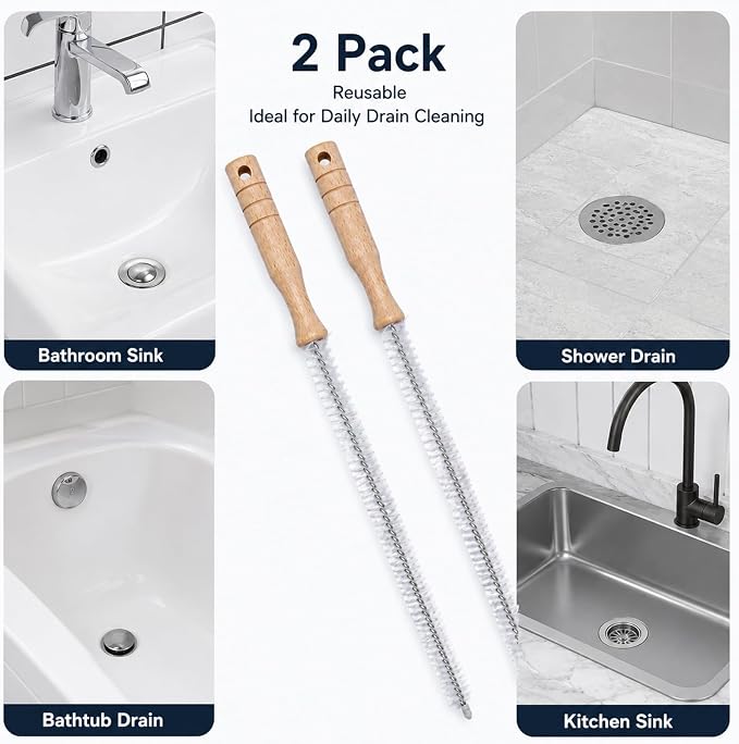 2 Pack Drain Cleaning Brush, 17 Inch Flexible Drain Cleaner Tool with Wooden Handle, Sink Brush with Nylon Bristles for Hair Clogs, Shower, Bathroom Tub, Kitchen Sink, Overflow Hole