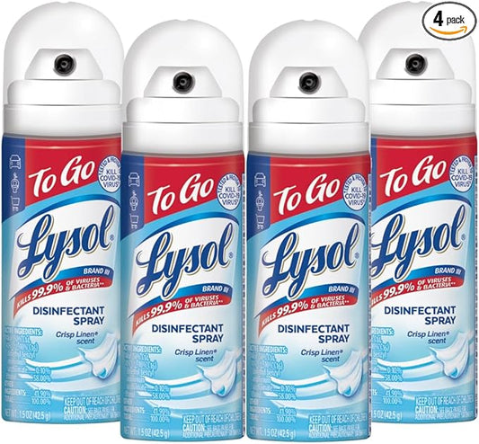 Lysol To Go Disinfectant Spray, Travel Size Sanitizing, For On-the-Go Disinfecting and Deodorizing, Crisp Linen, 1.5 Fl. Oz (Pack of 4)