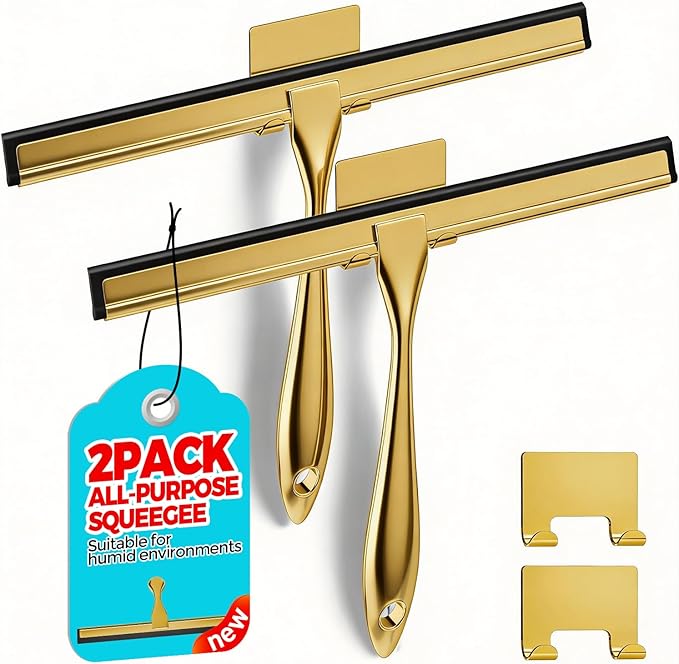 ALFLOD 2pcs Shower Squeegee for Glass Doors with Adhesive Hanging Hook Set | 12” gold, bathroom accessories, window cleaner, new home essentials, soft rubber blade, metal handle, ergonomic grip