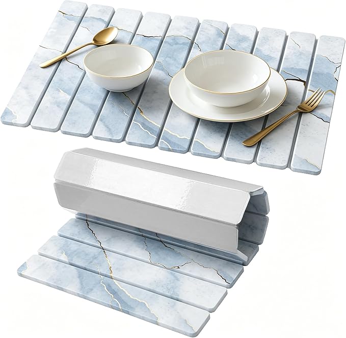 Stone Drying Mat for Kitchen Counter, Quick Diatomaceous Earth Mats for Dishes, 24"L x 16" W Super Absorbent Fast-Drying Collapsible Countertop Stone Mat (Marble White-09, 24" x 16")