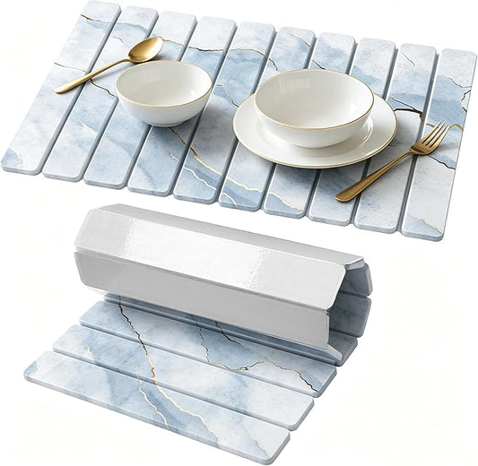 Stone Drying Mat for Kitchen Counter, Quick Diatomaceous Earth Mats for Dishes, 24"L x 16" W Super Absorbent Fast-Drying Collapsible Countertop Stone Mat (Marble White-09, 24" x 16")