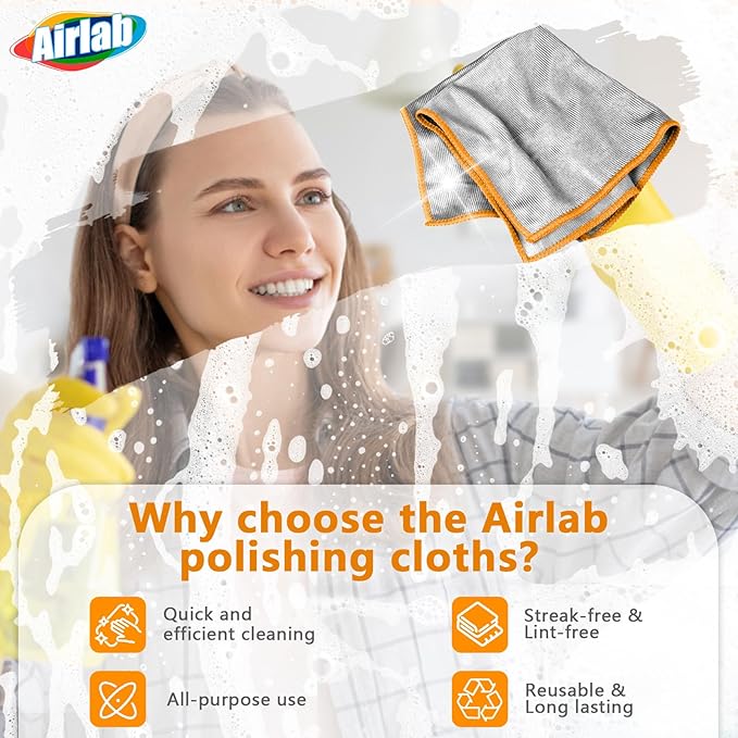 Airlab Glass Polishing Streak Free Miracle Cleaning Cloth, Sliver-Orange | Lint Free Microfiber Cleaning Rags for Glasses Kitchen Dish Mirrors Easy Clean, 12 x 12 Inches, Pack of 6