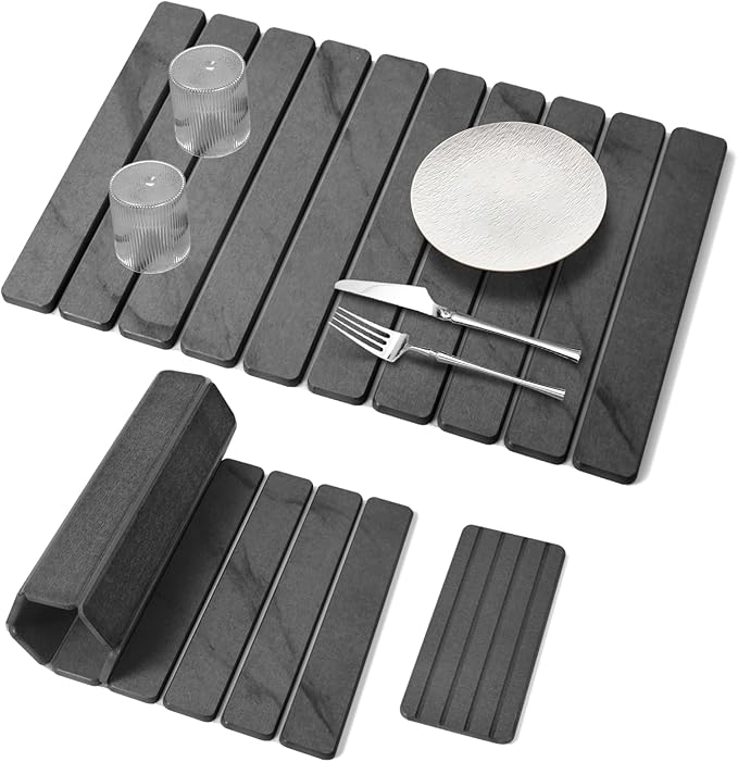 2 PCS Large Stone Dish Drying Mat for Kitchen Counter, 24"×16" Marble-Pattern Dish Drying Mat with 8"x 4" Coasters, Non - Slip Collapsible Absorbent Mat for Multi - Purpose, Match Any Countertop【Gray】