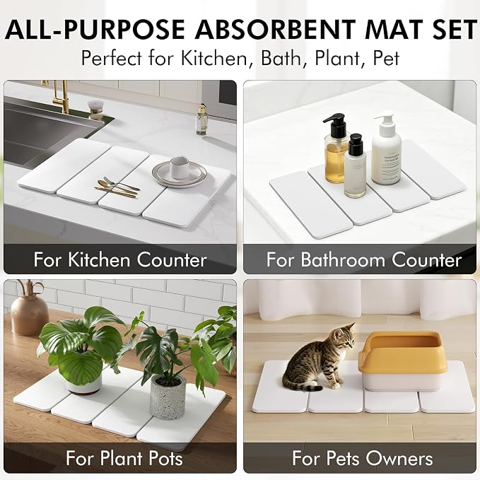 2-in-1 Stone Dish Drying Mat and Bamboo Dish Rack Combo, 24x16 Inch Super Absorbent Fast Dry Diatomaceous Earth Dish Drying Mat, Foldable Space Saver for Kitchen Counter Bathroom Apartment