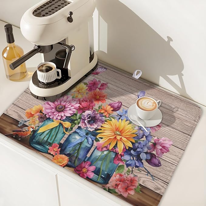 Purple Floral Wooden Board Dish Drying Mat 18x24 Inch | Vases，Vintage，Polyester，Absorbent Microfiber，for Kitchen Coffee Dining Bar Decor