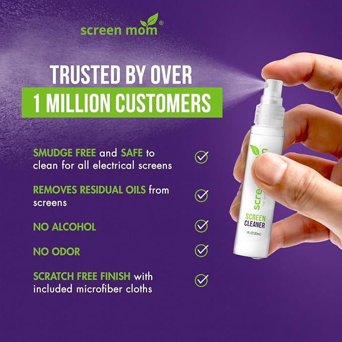 Screen Mom Screen Cleaner Spray 2 Pack-2x1oz for TV, Car, Laptop & Computer | Streak-Free Cleaning, Glass & OLED Safe, Alcohol & Ammonia Free, Includes 2-Microfiber Cloths, Removes Fingerprints & Smudges