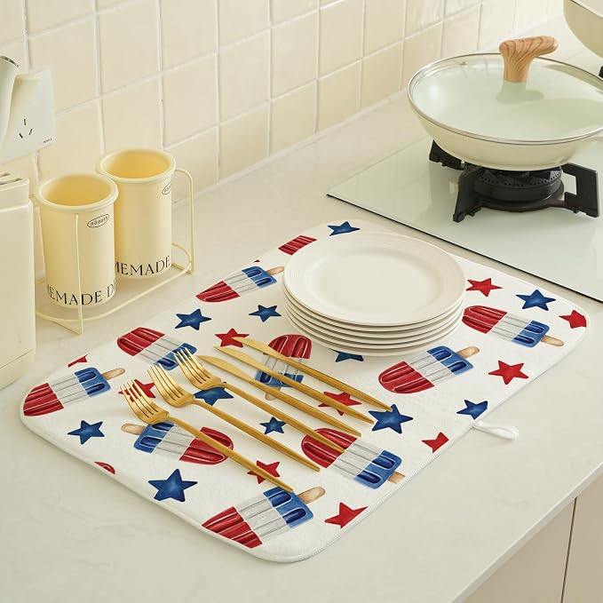 4th of July Dish Drying Mat 18x24 Inch Blue Red Ice Cream Stars Patriotic Drying Mat Independence Day Memorial Day Absorbent Dish Drying Pad Dish Rack Drainer Mats for Kitchen Dining Counter