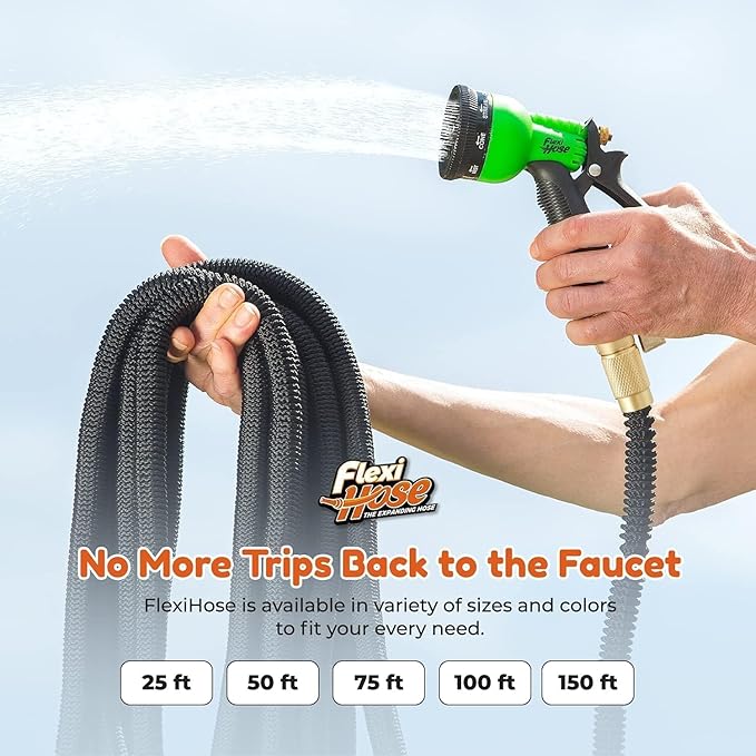 Flexi Hose with 8 Function Nozzle, 75FT - Lightweight Expandable Garden Hose, No-Kink Flexibility, 3/4 Inch Solid Brass Fittings and Double Latex Core