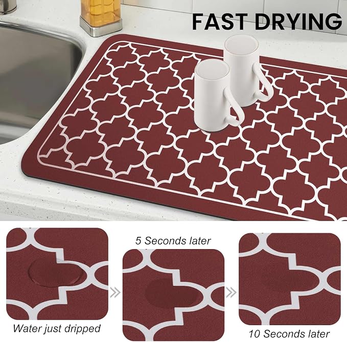 WISELIFE Dish Drying Mat Super Absorbent Drying Mat Large Dish Drying Mats for Kitchen Counter Easy Clean Dish Mat Kitchen Drying Mat18"x 28" Stylish Red