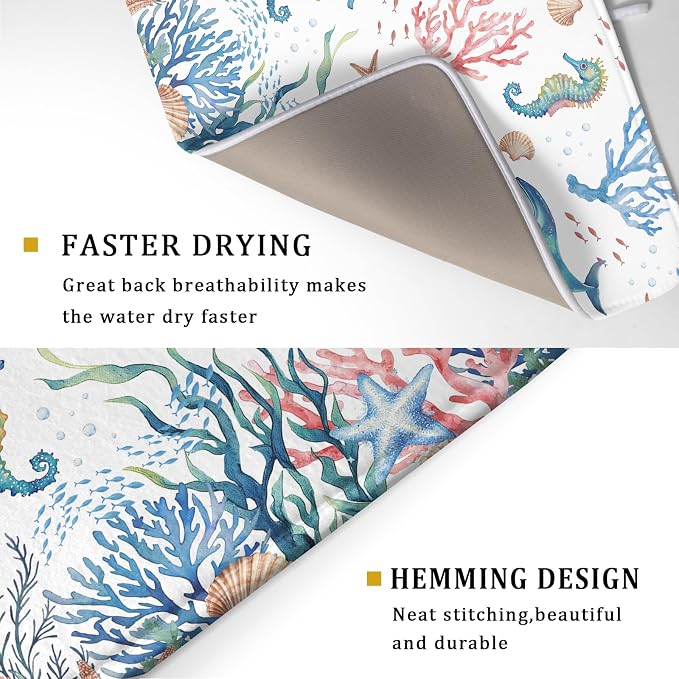 Giwawa Coastal Ocean Dish Drying Mat Seahorse Whales Drainer Rack Mats 18"x24" Absorbent Microfiber Dish Drying Pad Protector for Kitchen Counter