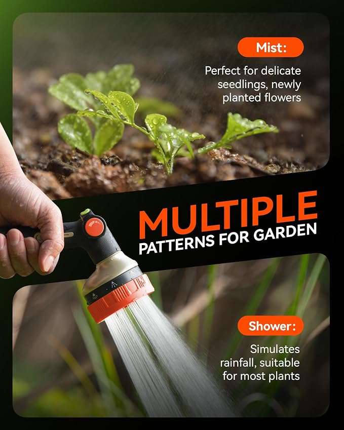 RAINPOINT Hose Sprayer Nozzle Heavy Duty - 8 Spray Patterns Garden Hose Nozzle with Adjustable Flow Control for Watering Plants, Washing Cars,Washing Pets, Thumb Control (Orange)