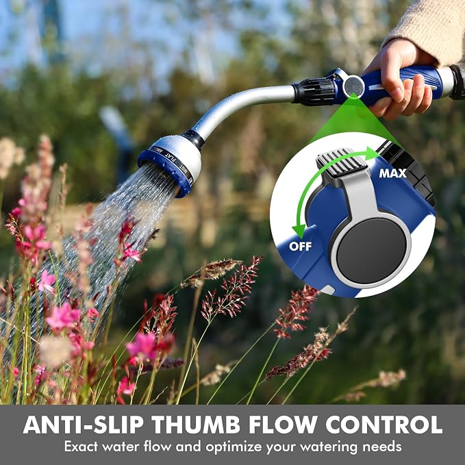 RESTMO Watering Wand Heavy Duty, 15-Inch Long Hose Nozzle Sprayer | 10 Spray Patterns & Thumb Flow Control, Metal Garden Hose Wand for Water Hanging Baskets and Shrubs, Blue