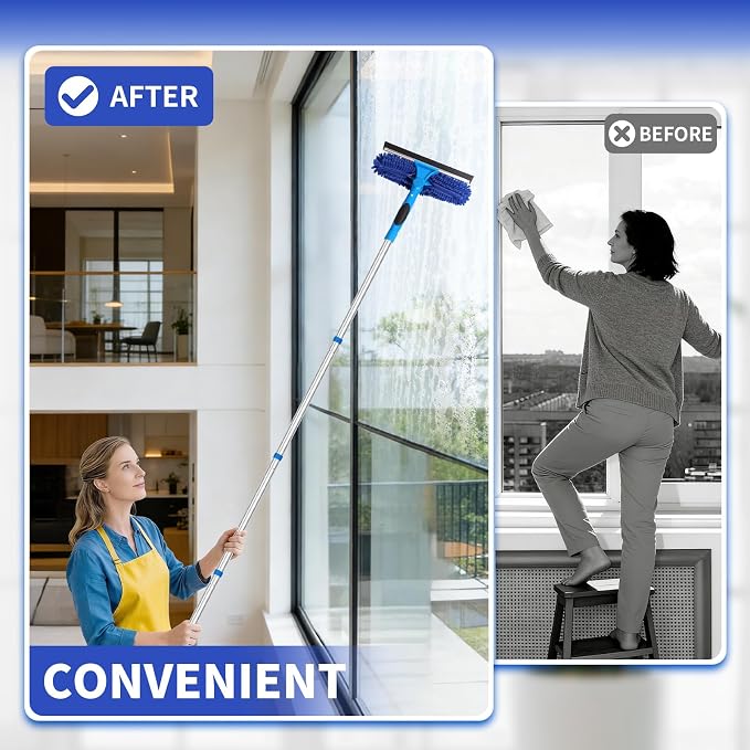 109" Window Cleaning Squeegee Kit, Professional 2 in 1 Squeegee Window Cleaner with Extension Pole, Window Washing Kit with 2 Blade 2 Pads for Indoor & Outdoor High Windows Car Glass