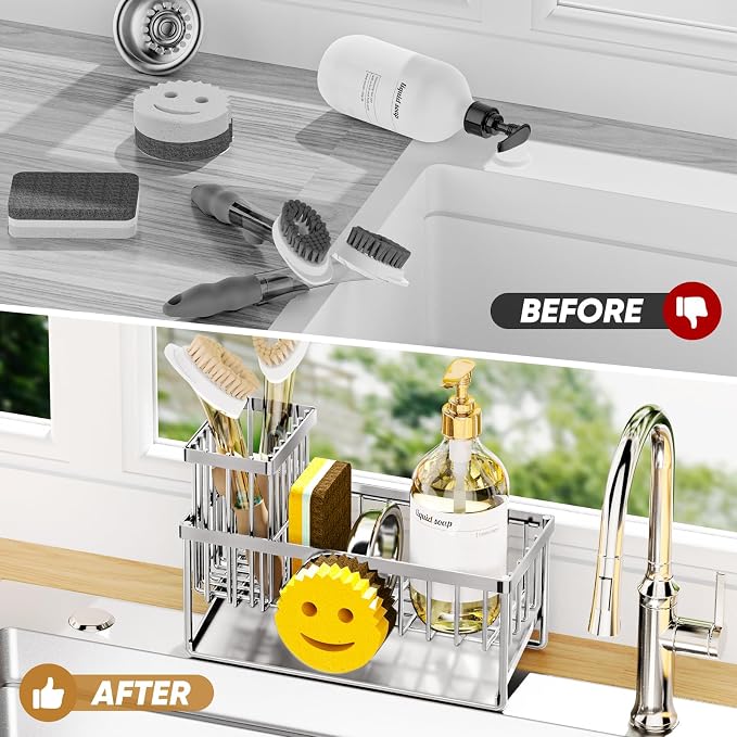Sponge Holder for Kitchen Sink,Smiley Face Sink Caddy with Removable Brush Holder,Self-Draining Sponge Caddy for Soap,Dish Brush,Scrubber,Kitchen Essentials and Gadgets-Silver