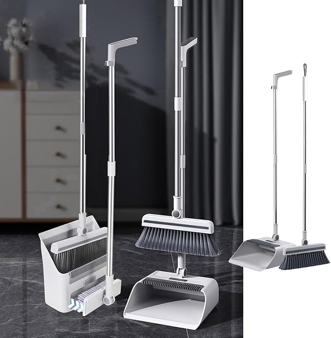 3-in-1 Broom and Dustpan Set with Cleaning Teeth Brooms with Dustpan Combo | Set 38" Stainless Steel Long Handle,Standing Storage, Indoor Sweeping Combo for Home & Kitchen, White
