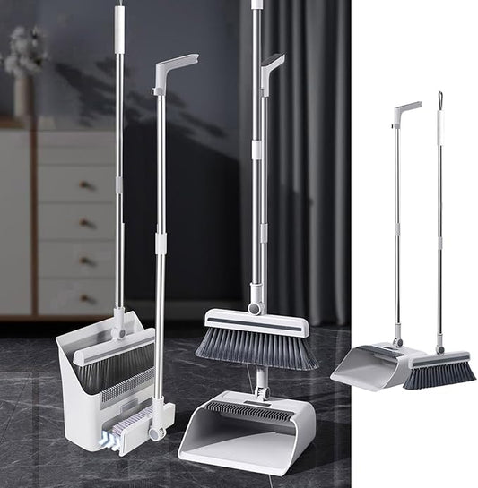 3-in-1 Broom and Dustpan Set with Cleaning Teeth Brooms with Dustpan Combo | Set 38" Stainless Steel Long Handle,Standing Storage, Indoor Sweeping Combo for Home & Kitchen, White