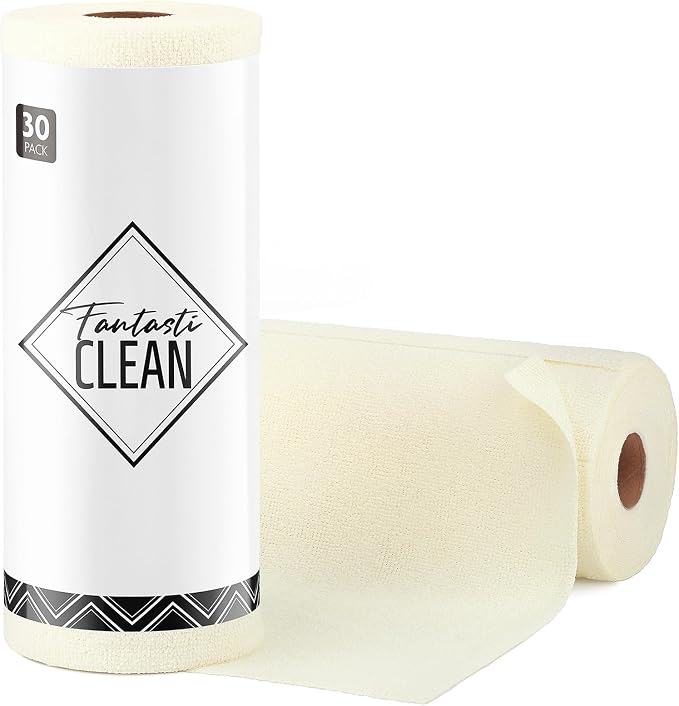 Fantasticlean Microfiber Cleaning Cloth Roll- 30 Sheets, 12" x 12" (Beige) | Super Absorbent, Lint-free, Tear-away Microfiber Towel Roll, for All-Purpose Cleaning, Reusable Alternative to Paper Towels