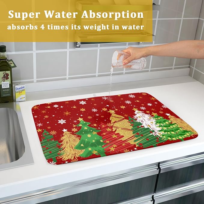 Christmas Dish Drying Mat for Kitchen Counter 18 x 24 Inch Xmas Snowflake Dish Drainer Mat Absorbent Microfiber Red Dish Rack Pad for Holiday Winter Coffee Dining Bar Decor