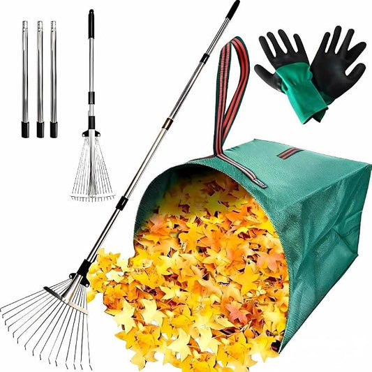 RISETEX Leaf Rake with 53 Gal Leaf Bags, Expandable Heavy Duty Metal Set | Dustpan-type Yard Waste bags, long steel handle Rake for leaves, for lawns, shrubs, grass, yard cleanup, gardening