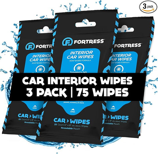 Fortress Car Interior Wipes (25 ct, Pack of 3) for Car Interior Cleaning, Dashboard, Seats, Detailing, and Steering Wheel [Travel Size] Skin-Safe Car Interior Cleaner Supplies