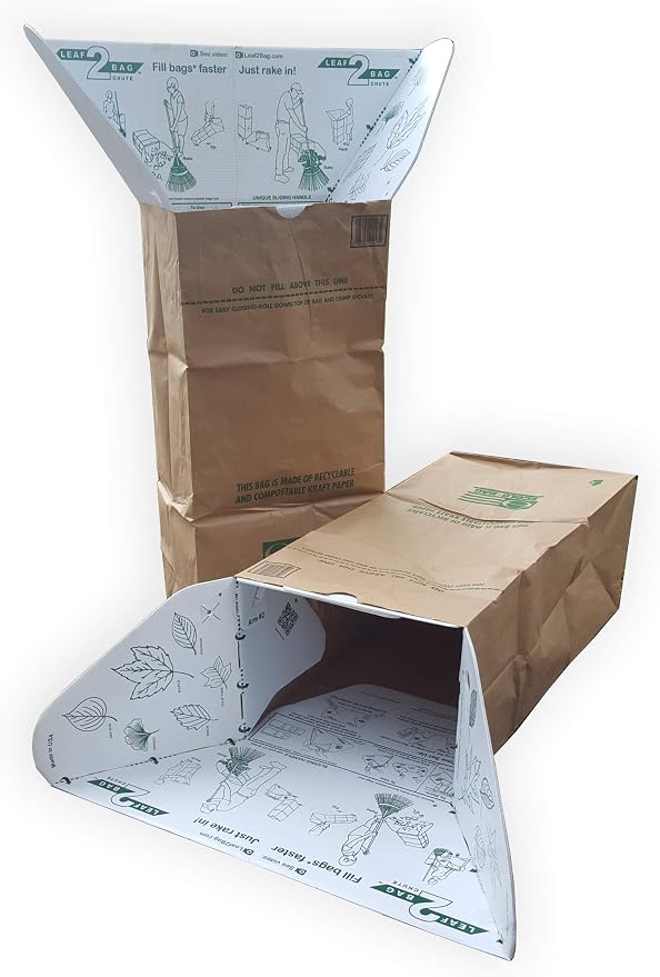 Leaf Chute Funnel and Paper Lawn Bag Holder. Rake in like a giant wide mouth dustpan. USA made. Durable water-safe Leaf2Bag