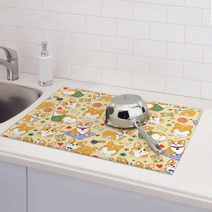 Cute Corgi Dog Dish Drying Mat for Kitchen Counter Cute Kitchen Dish Mat Microfiber Kitchen Countertop Absorbent Reversible Drainer Rack Pad
