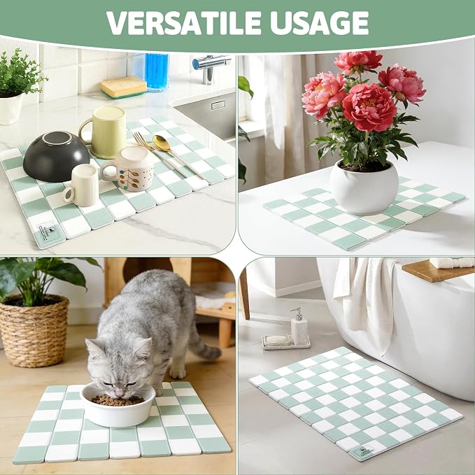 Yamaziot Stone Drying Mat for Kitchen Counter, 16"x12" Foldable Ultra Absorbent Stone Drying Mat, Quick-Dry Diatomaceous Earth Mat, Non-Slip Heat Resistant Mat for Dishes, Cups, Bottles, Green