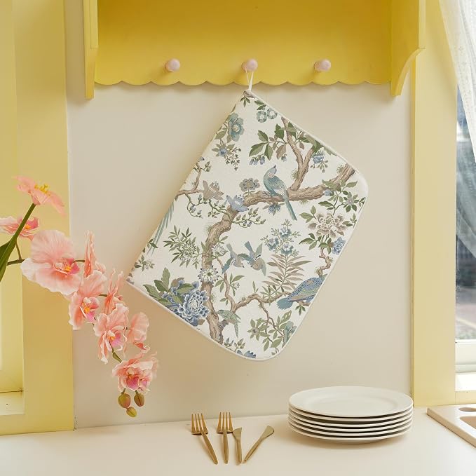 Blue Green Dish Drying Mat 18x24 Inch Chinoiserie Vintage Floral Bird Drying Mat Spring Summer Flower Seasonal Absorbent Dish Drying Pad Dish Rack Drainer Mats for Kitchen Dining Counter