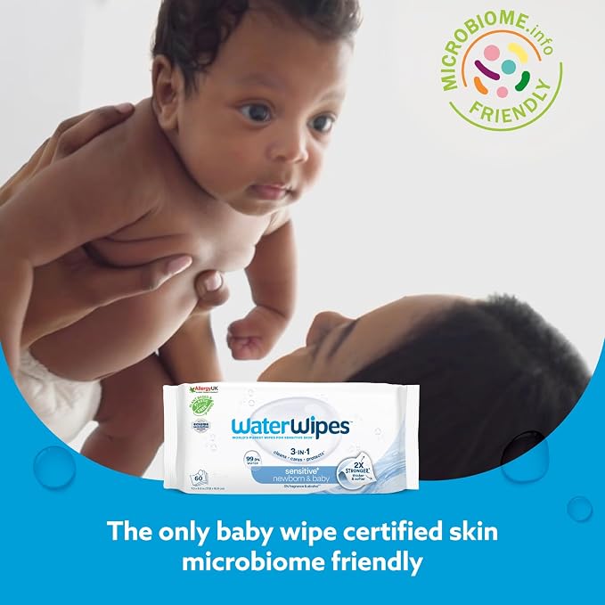 WaterWipes Sensitive+ Newborn & Baby Wipes, 3-In-1 Cleans, Cares, Protects, 99.9% Water, Unscented & Hypoallergenic, 60 Count