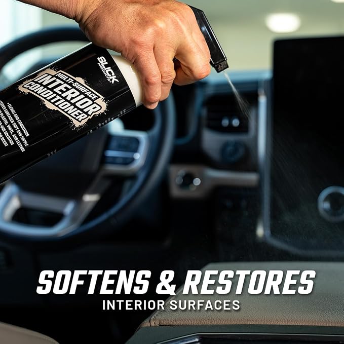 Slick Products Multi-Surface Interior Conditioner – Cleans & Conditions Vinyl, Plastic & Leather – Non-Greasy Car Interior Cleaner & Protectant – Fresh New Car Scent – 32 oz.