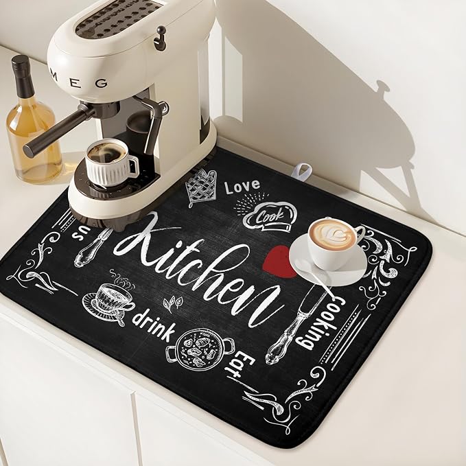 Dish Drying Mats for Kitchen Counter 16 x 18 Inch, Kitchen Drying Mat,Black Coffee Bar Dishes Pad Dish Drainer Rack Mats Absorbent Fast Dry Kitchen Accessories